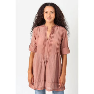CP Shades Regina Linen Tunic Pleated V-Neck Rolled Sleeve Smoke Brown Size XS